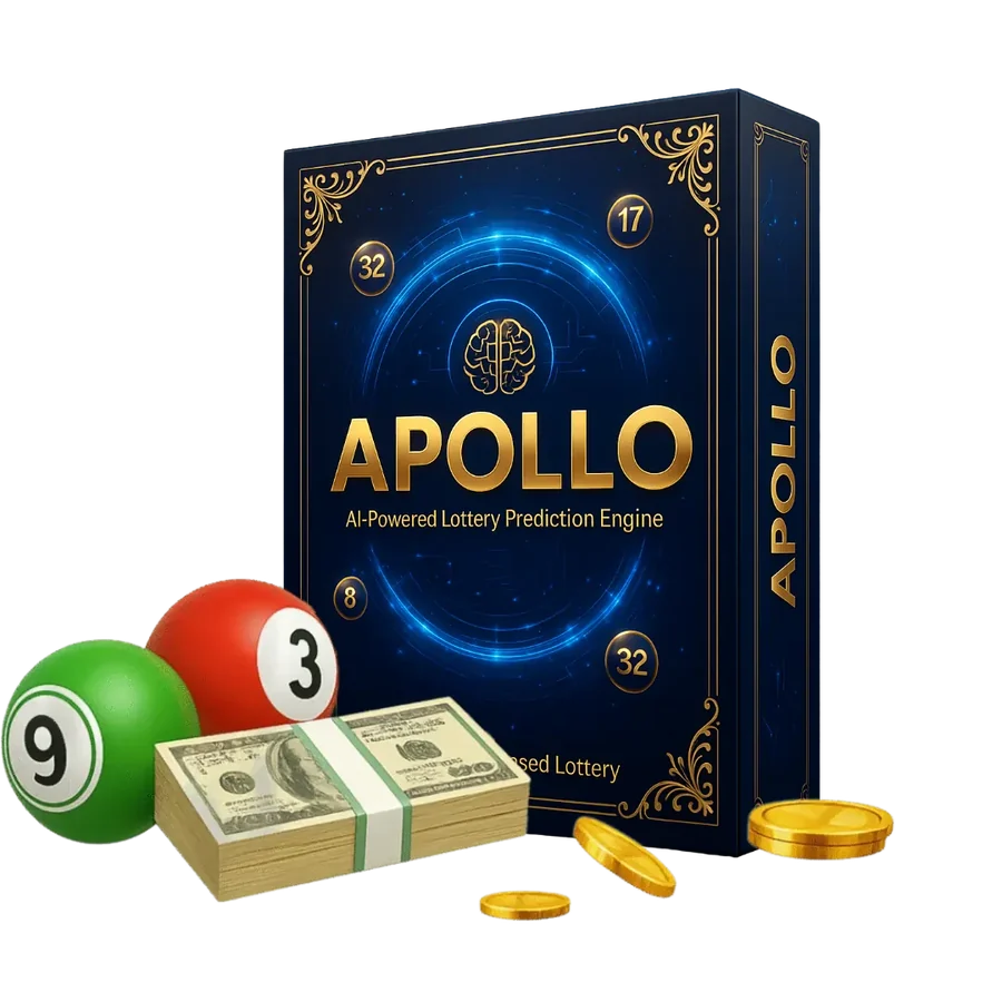 Apollo AI package shown with lottery balls, cash and gold coins